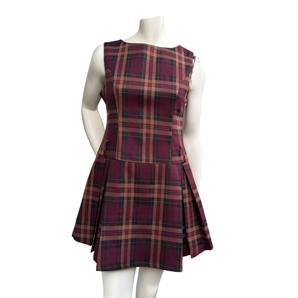 Commense Plaid Mini Dress Pleated Skirt Dark Academia Preppy Burgundy Size L